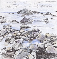 Камни у воды — картина акварелью